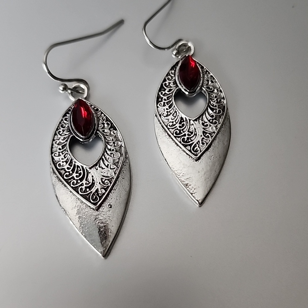 Antique Style Dangle  Simulated Ruby Tribal Print EARRINGS - Picture 2 of 3